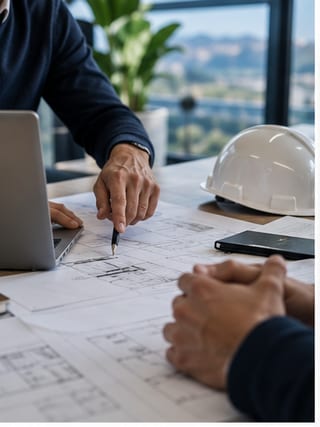Deux intervenants penchés sur les plans d'un projet, casque de chantier posé sur la table