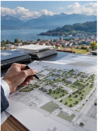 Plan de masse annoté au stylo devant un site à bâtir, lac et montagnes en arrière-plan