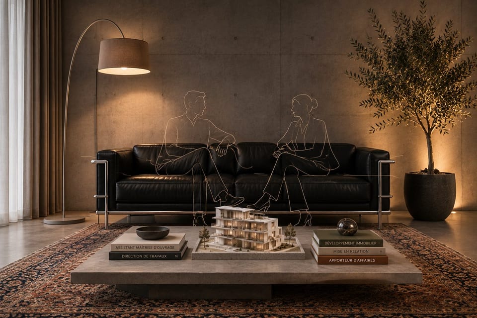 Salon en béton brut : deux silhouettes au trait échangent devant une maquette d'immeuble et des ouvrages titrés Assistant maîtrise d'ouvrage, Direction de travaux, Développement immobilier, Mise en relation, Apporteur d'affaires