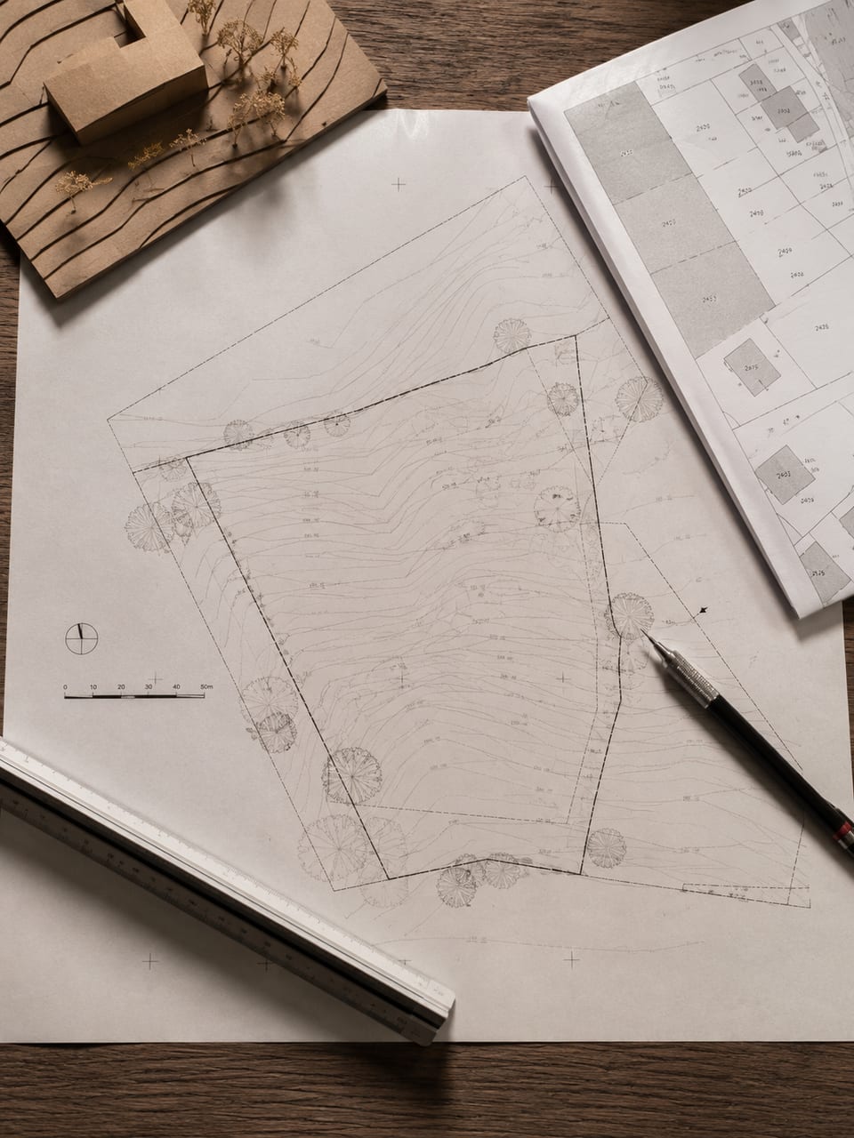 Dossier de projet, plan de situation et documents de qualification sur une table de travail