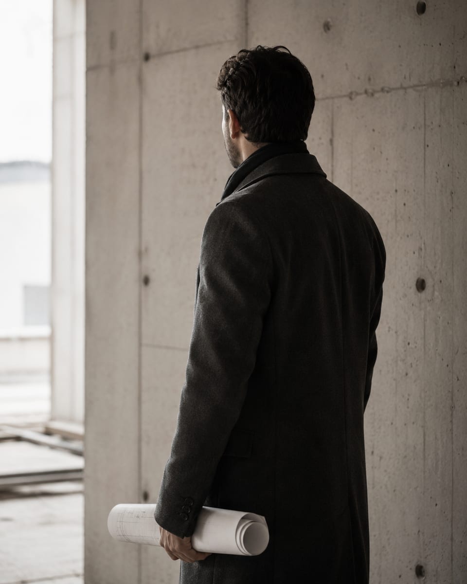 Responsable de mandat sur un chantier, plans sous le bras